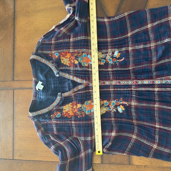 Sundance Womens Plaid Embroidered Gauze Blouse Navy Burgundy Metallic Medium - Picture 6 of 7